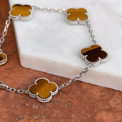 14KT White Gold Tiger’s Eye Ribbed Clover Bracelet