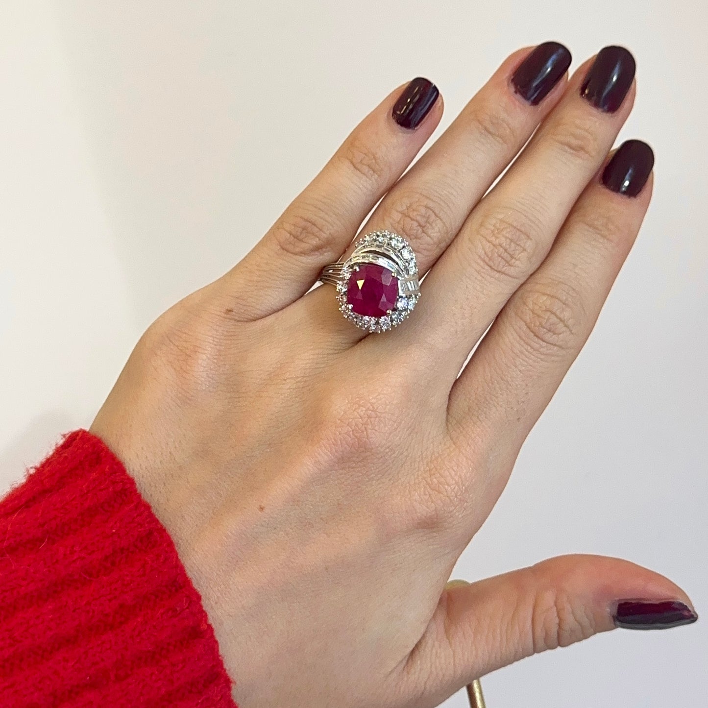 Estate Platinum Cushion Ruby + Diamond Cluster Ring