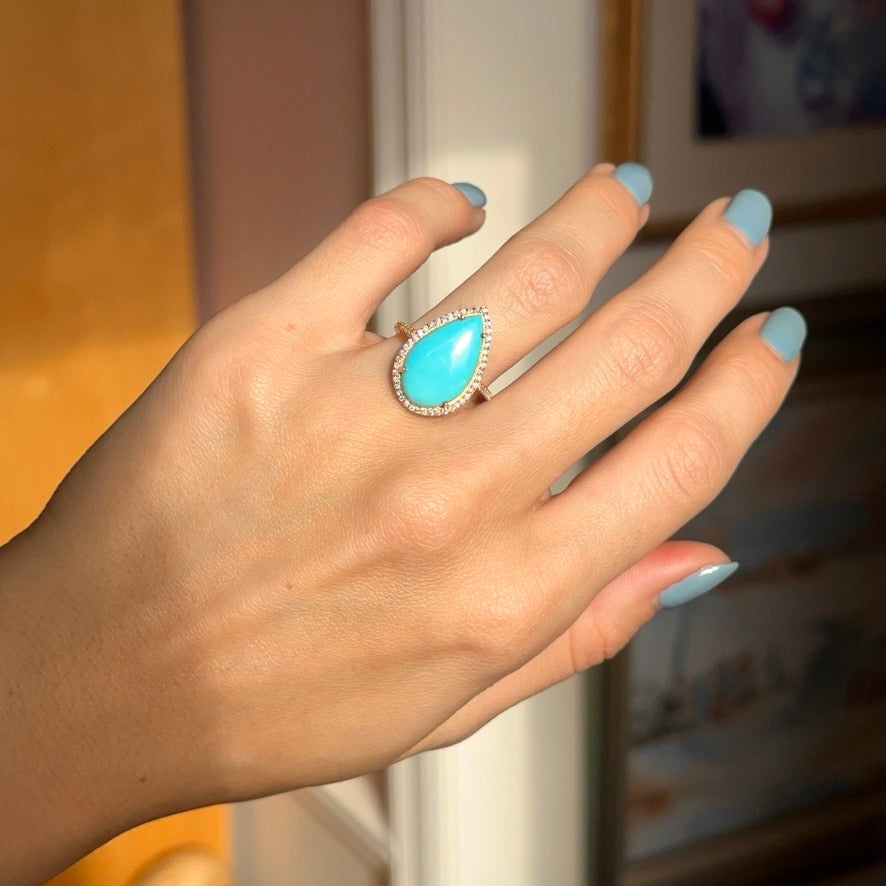 14KT Yellow Gold Pear Turquoise + Pave Diamond Halo Ring