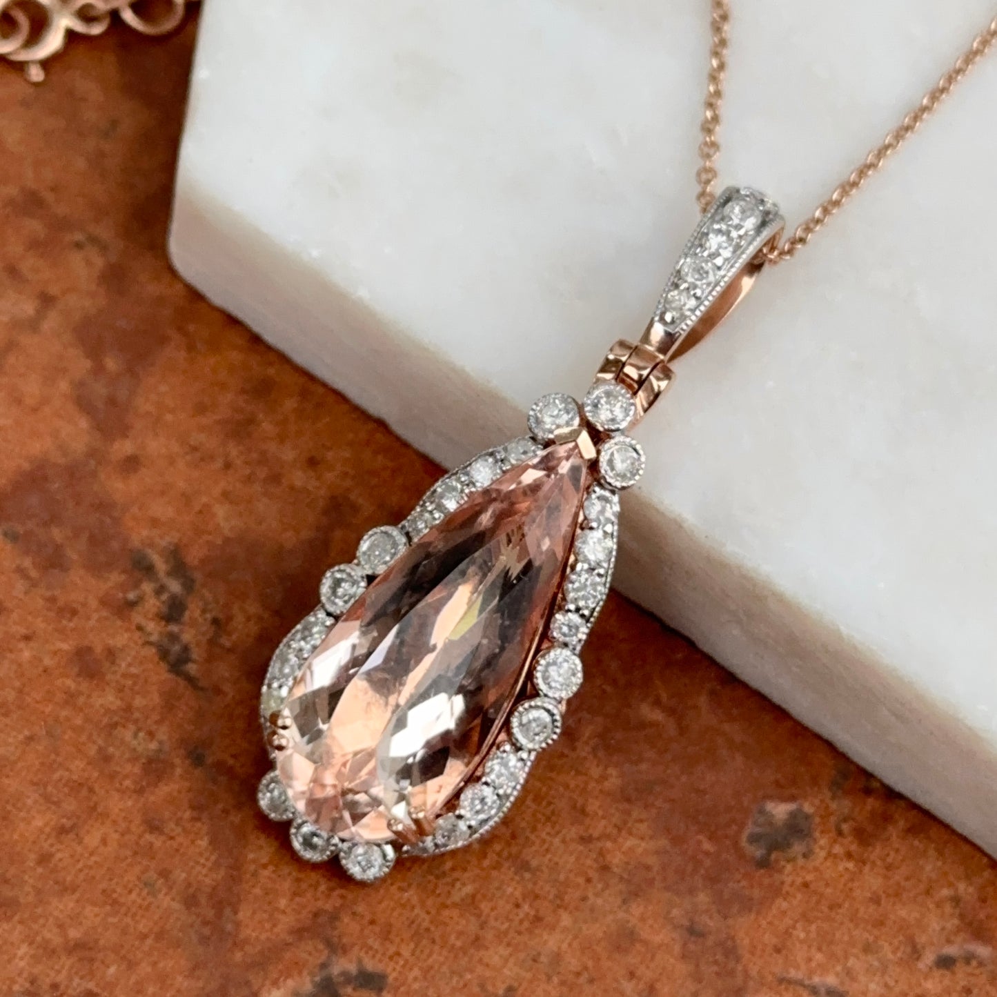 Estate 14KT White + Rose Gold Morganite + Diamond Pendant Necklace