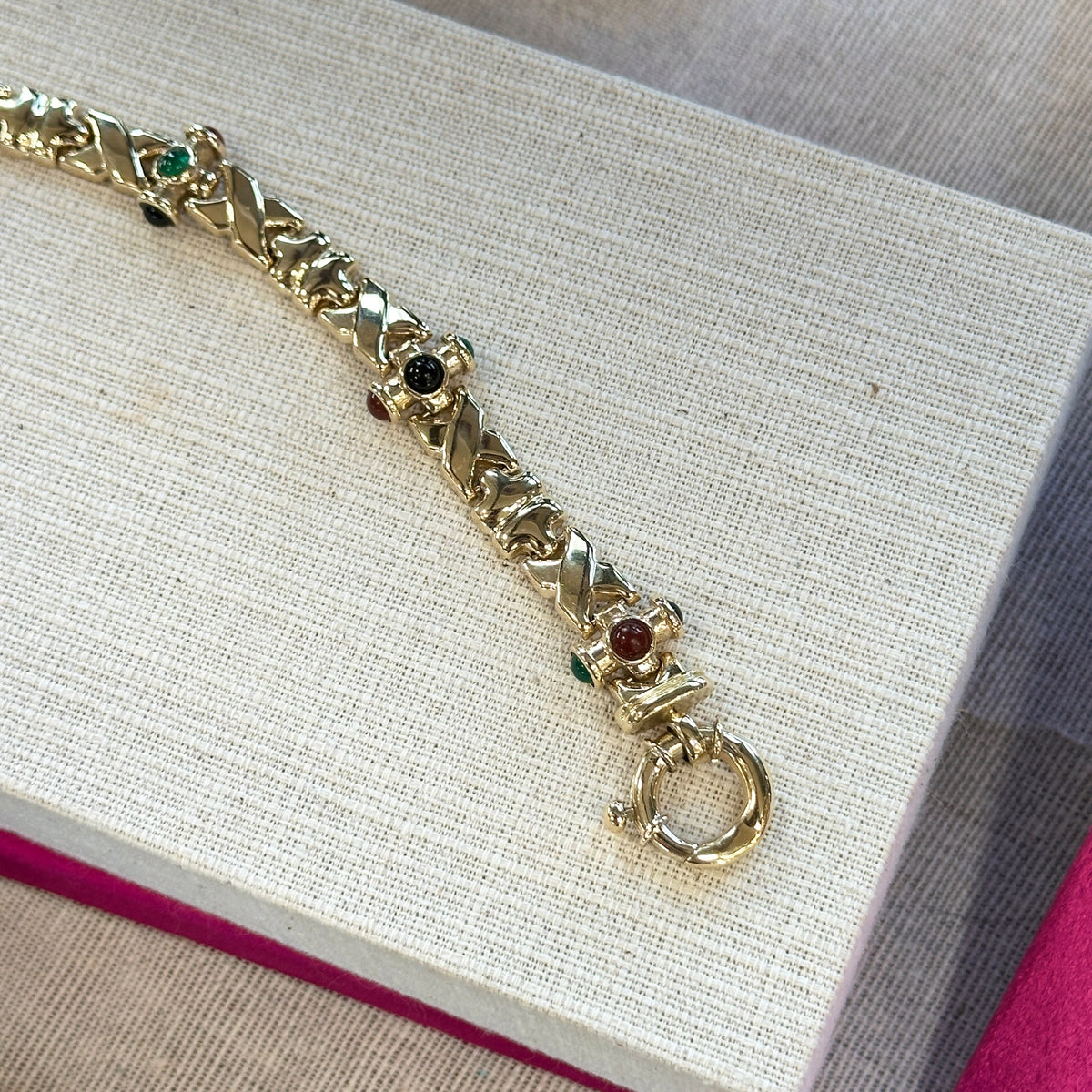 14KT Yellow Gold Cabochon Gemstone Bar Link Bracelet