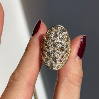 Estate 14KT Yellow Gold Wide Filigree Diamond Ring