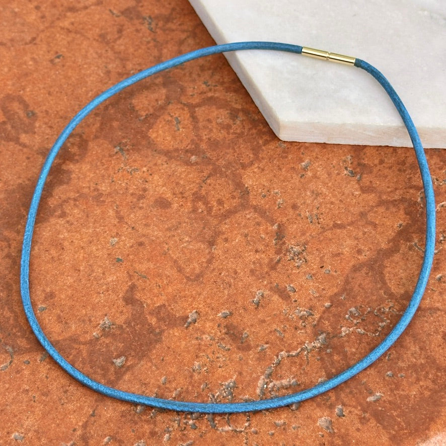 14KT Yellow Gold 2mm Light Blue Leather Cord Necklace - LSJ
