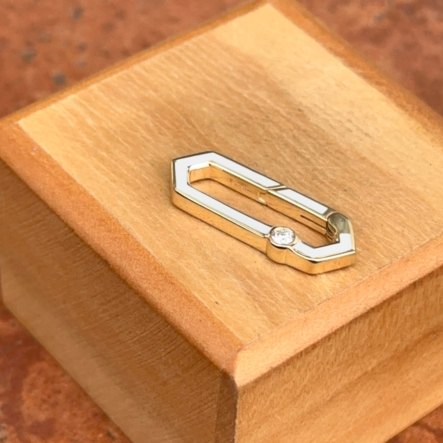 14KT Yellow Gold White Enamel + Bezel Diamond Push In Charm Clasp Connector