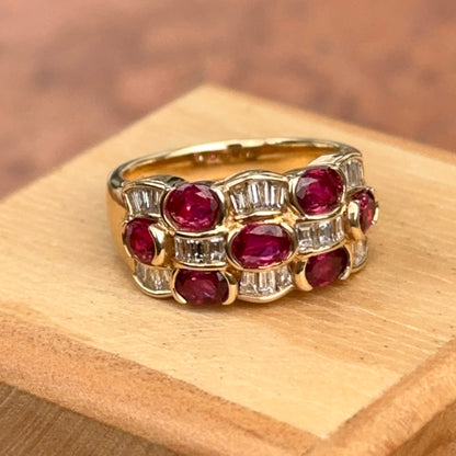 Estate 18KT Yellow Gold Oval Ruby + Baguette Diamond Band Ring