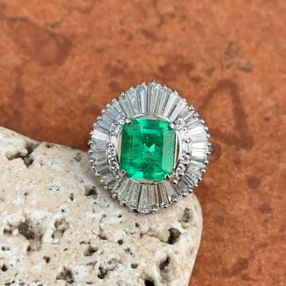 Estate Platinum Emerald-Cut Emerald + Baguette Diamond Ballerina Ring