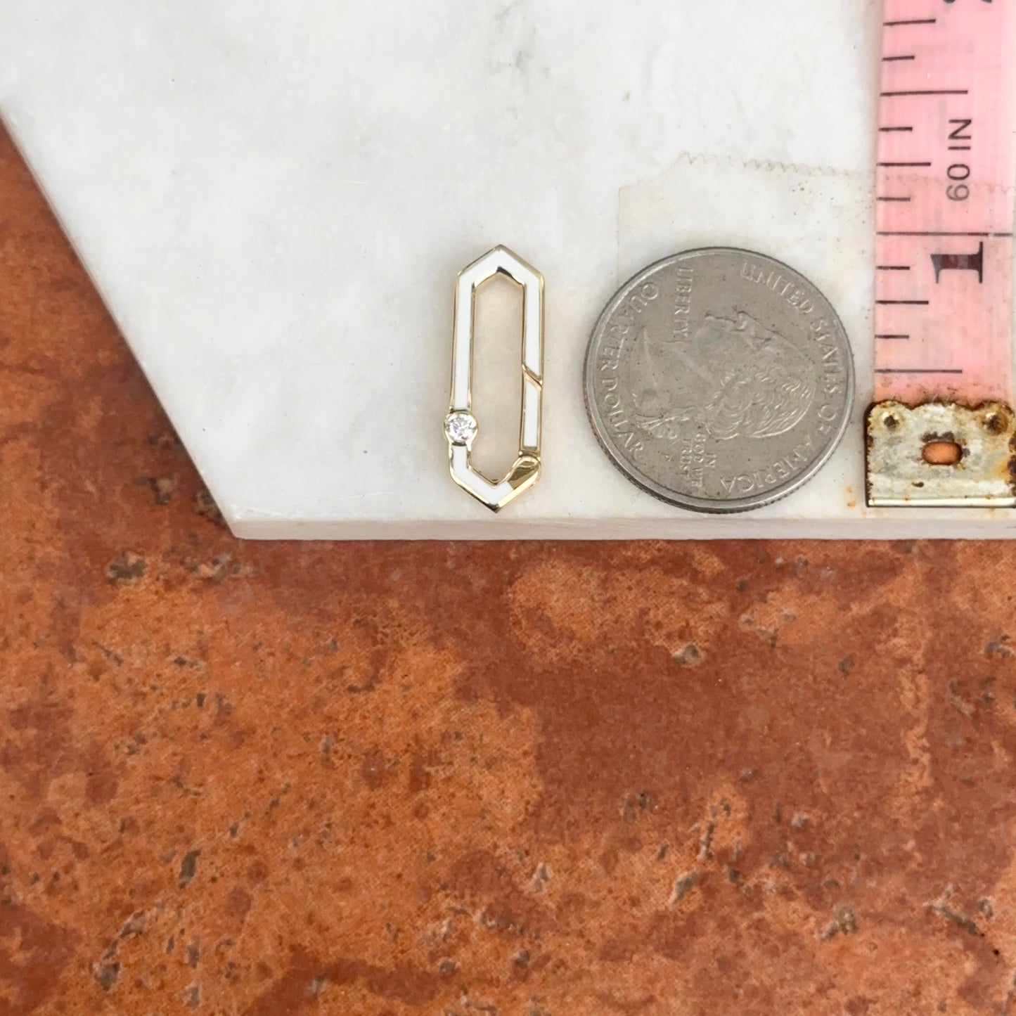 14KT Yellow Gold White Enamel + Bezel Diamond Push In Charm Clasp Connector