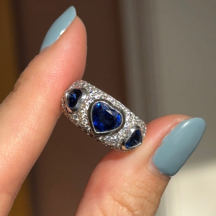 Estate 18KT White Gold Heart Blue Sapphire + Pave Diamond Ring
