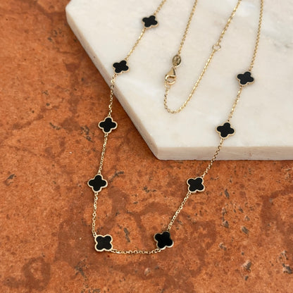 14KT Yellow Gold Black Onyx Clover Station Chain Necklace