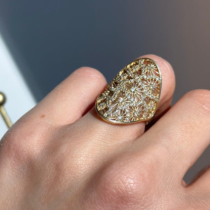 Estate 14KT Yellow Gold Wide Filigree Diamond Ring