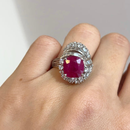 Estate Platinum Cushion Ruby + Diamond Cluster Ring