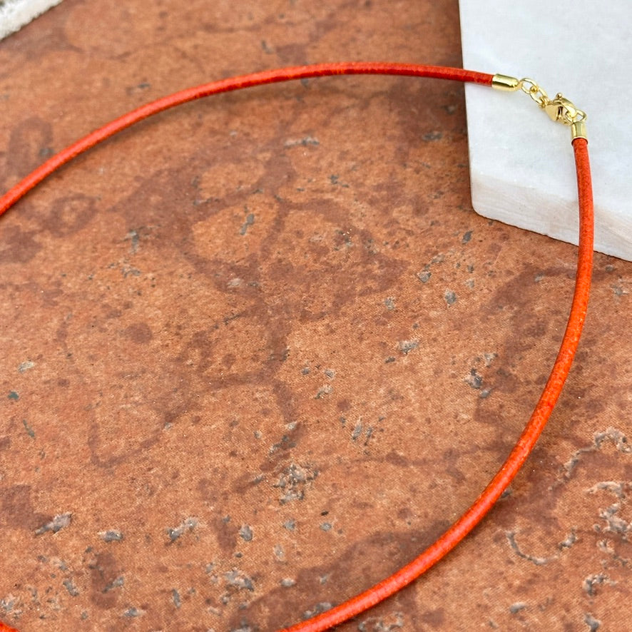 14KT Yellow Gold 2mm Orange Leather Cord Necklace - LSJ