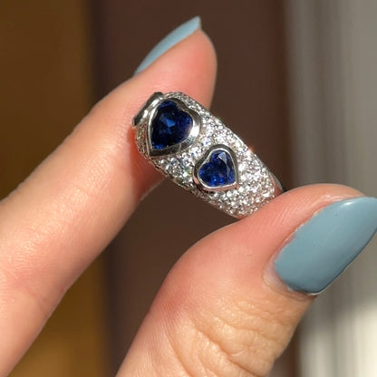 Estate 18KT White Gold Heart Blue Sapphire + Pave Diamond Ring