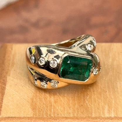 Estate 18KT Yellow Gold Bezel Emerald-Cut Emerald + Diamond Ring