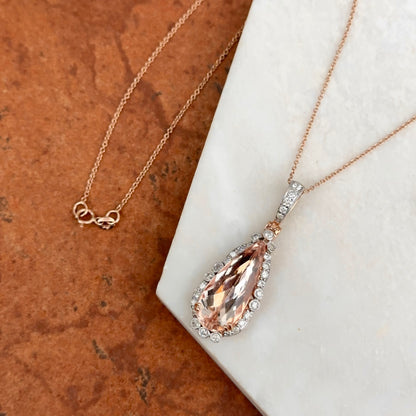 Estate 14KT White + Rose Gold Morganite + Diamond Pendant Necklace