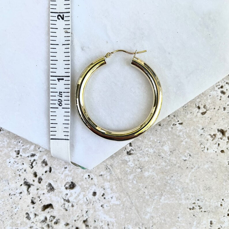 10KT Yellow Gold Round 4mm Tube Hoop Earrings 28mm