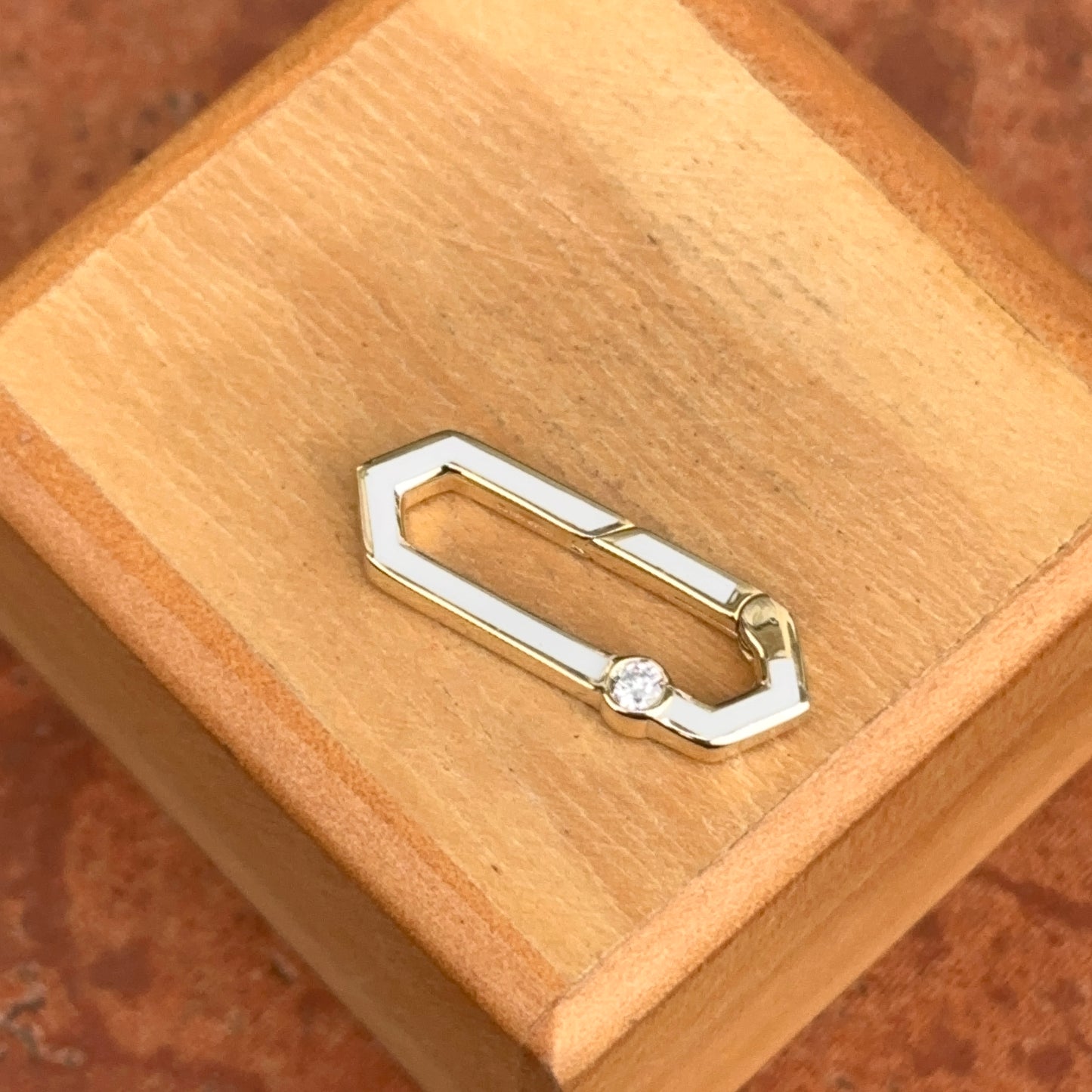 14KT Yellow Gold White Enamel + Bezel Diamond Push In Charm Clasp Connector