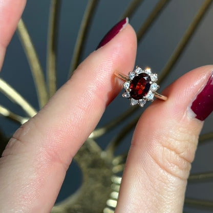 Estate 14KT Yellow Gold Oval Garnet Halo Diamond Ring