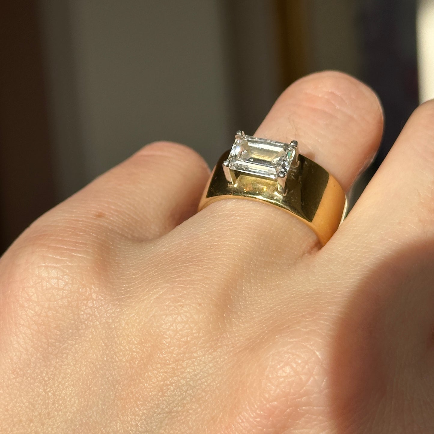 18KT Yellow Gold Wide Band 2.12 CT Emerald-Cut Diamond Ring