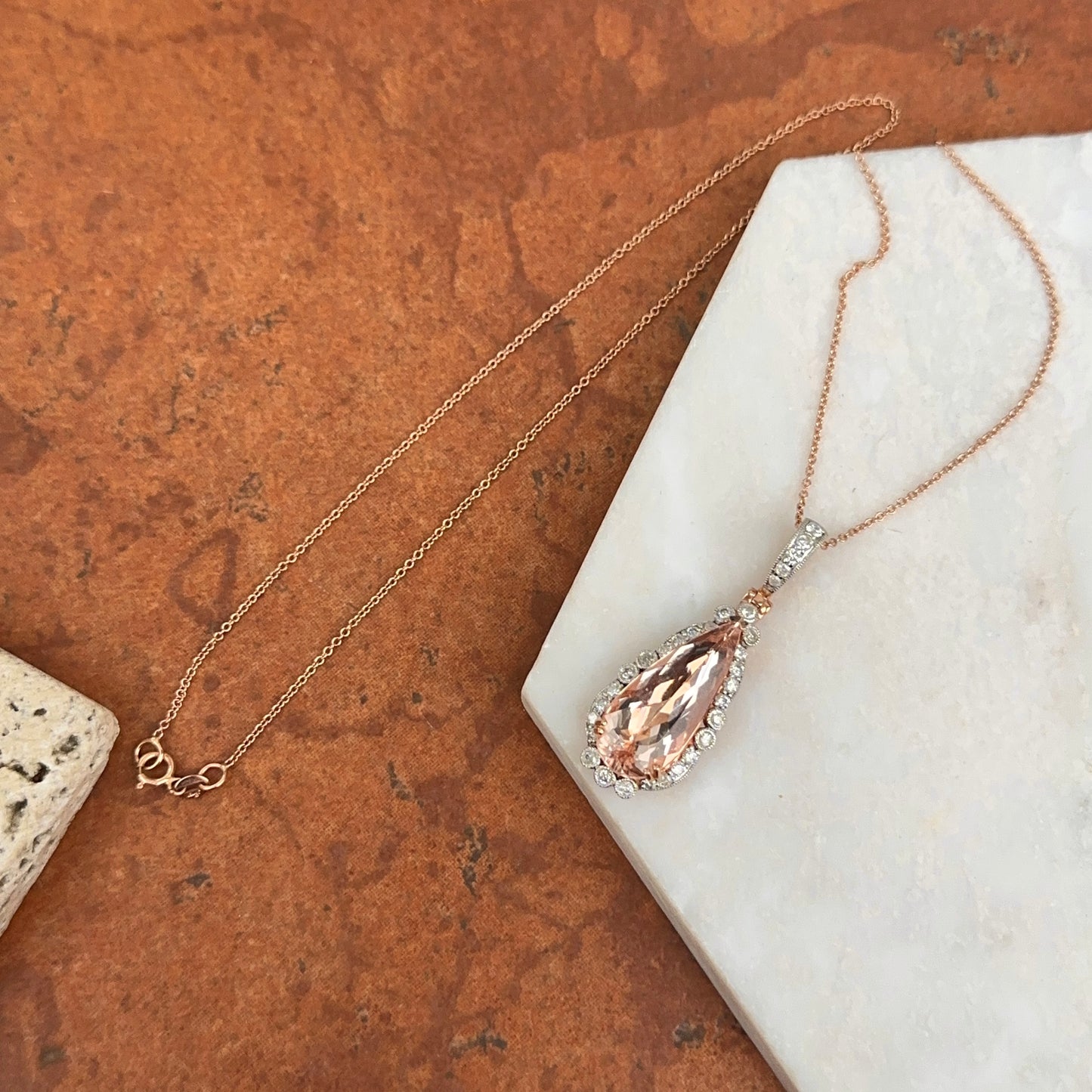 Estate 14KT White + Rose Gold Morganite + Diamond Pendant Necklace