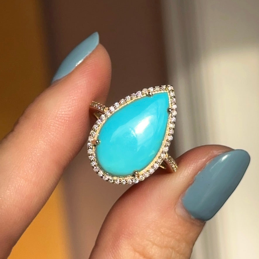 14KT Yellow Gold Pear Turquoise + Pave Diamond Halo Ring