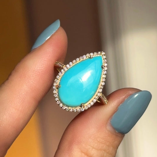 14KT Yellow Gold Pear Turquoise + Pave Diamond Halo Ring