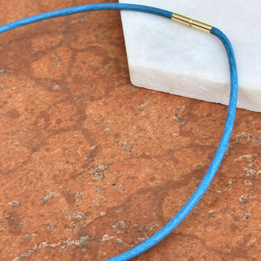 14KT Yellow Gold 2mm Light Blue Leather Cord Necklace - LSJ