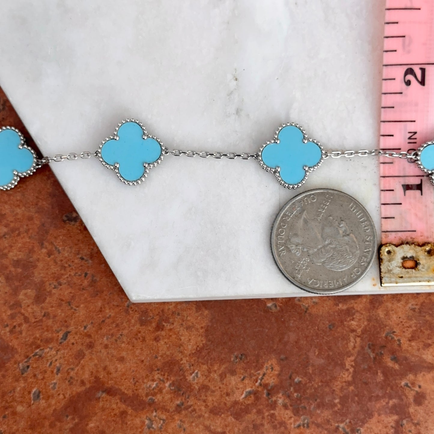 14KT White Gold Turquoise Ribbed Clover Bracelet