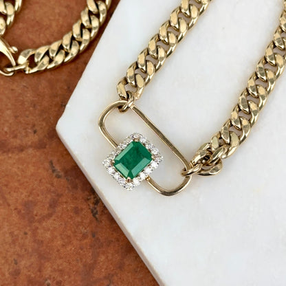 Estate 14KT Yellow Gold Emerald-Cut Emerald + Diamond Curb Chain Necklace