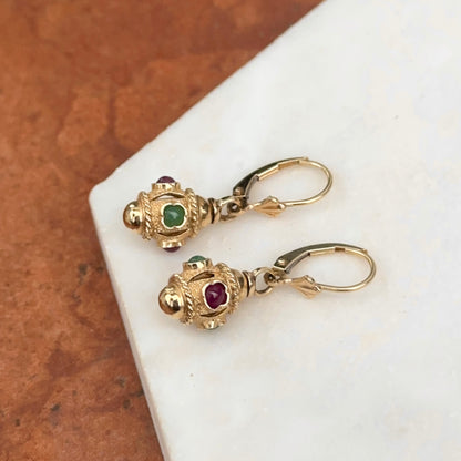 Estate 14KT Yellow Gold Ornate Ruby + Emerald Charm Lever Back Earrings