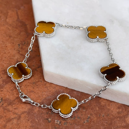 14KT White Gold Tiger’s Eye Ribbed Clover Bracelet