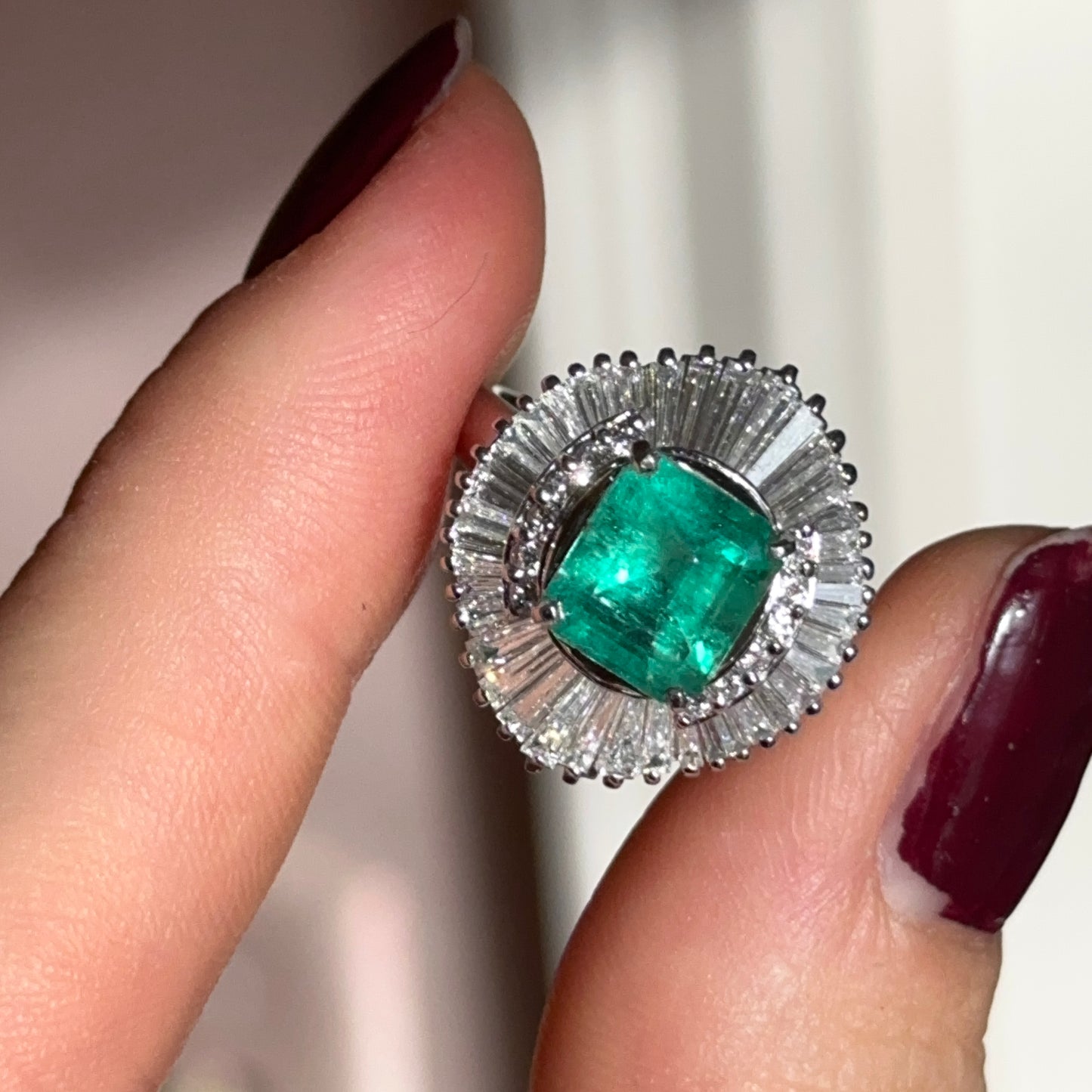 Estate Platinum Emerald-Cut Emerald + Baguette Diamond Ballerina Ring