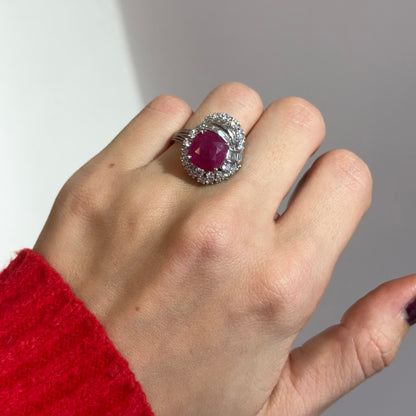 Estate Platinum Cushion Ruby + Diamond Cluster Ring