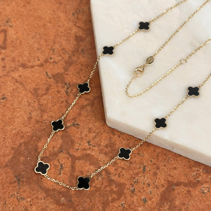 14KT Yellow Gold Black Onyx Clover Station Chain Necklace