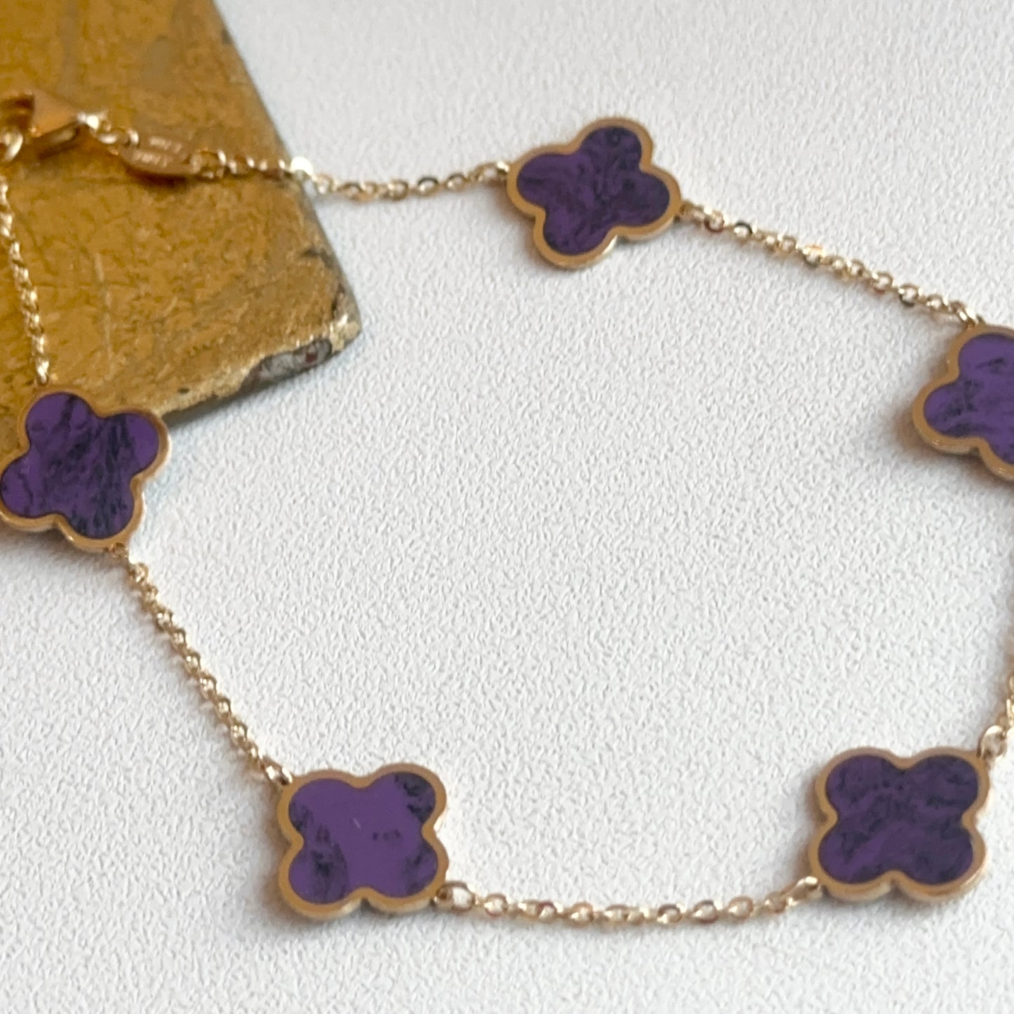 14KT Yellow Gold Amethyst 10mm 4 Leaf Clover Charm Chain Bracelet