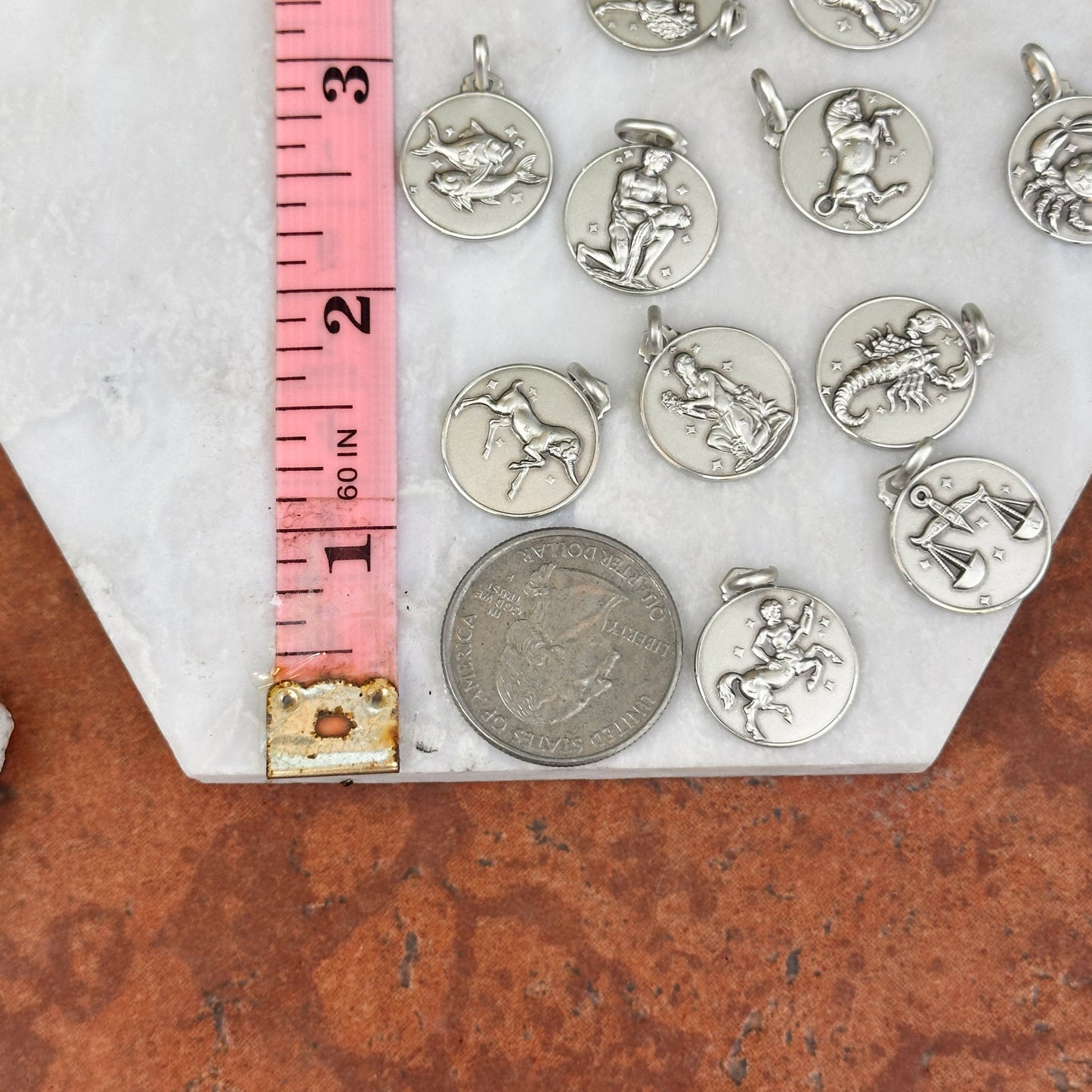 Sterling Silver Zodiac Sign Antiqued Round Medal Pendant 16mm