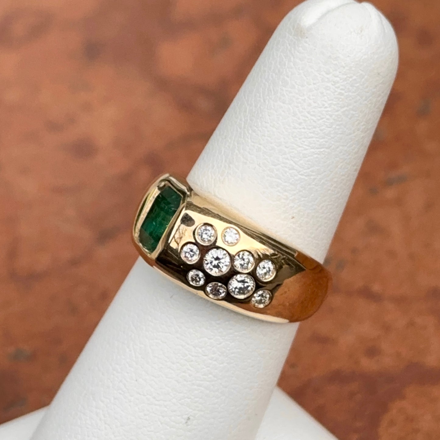 Estate 18KT Yellow Gold Emerald-Cut Emerald + Bezel Diamond Ring