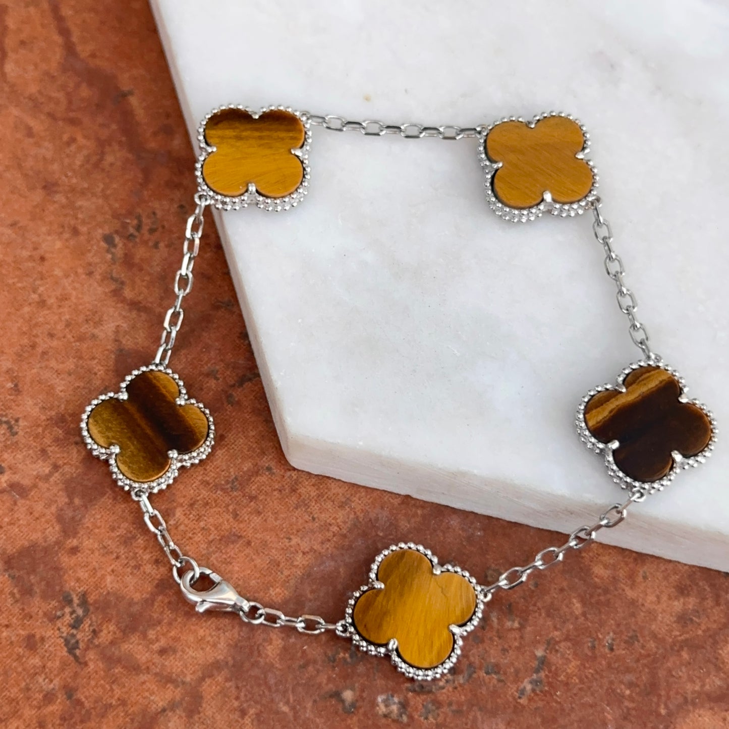 14KT White Gold Tiger’s Eye Ribbed Clover Bracelet