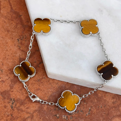 14KT White Gold Tiger’s Eye Ribbed Clover Bracelet
