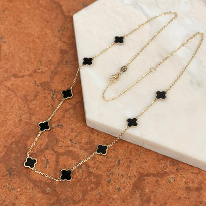 14KT Yellow Gold Black Onyx Clover Station Chain Necklace