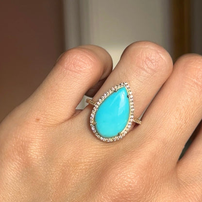 14KT Yellow Gold Pear Turquoise + Pave Diamond Halo Ring