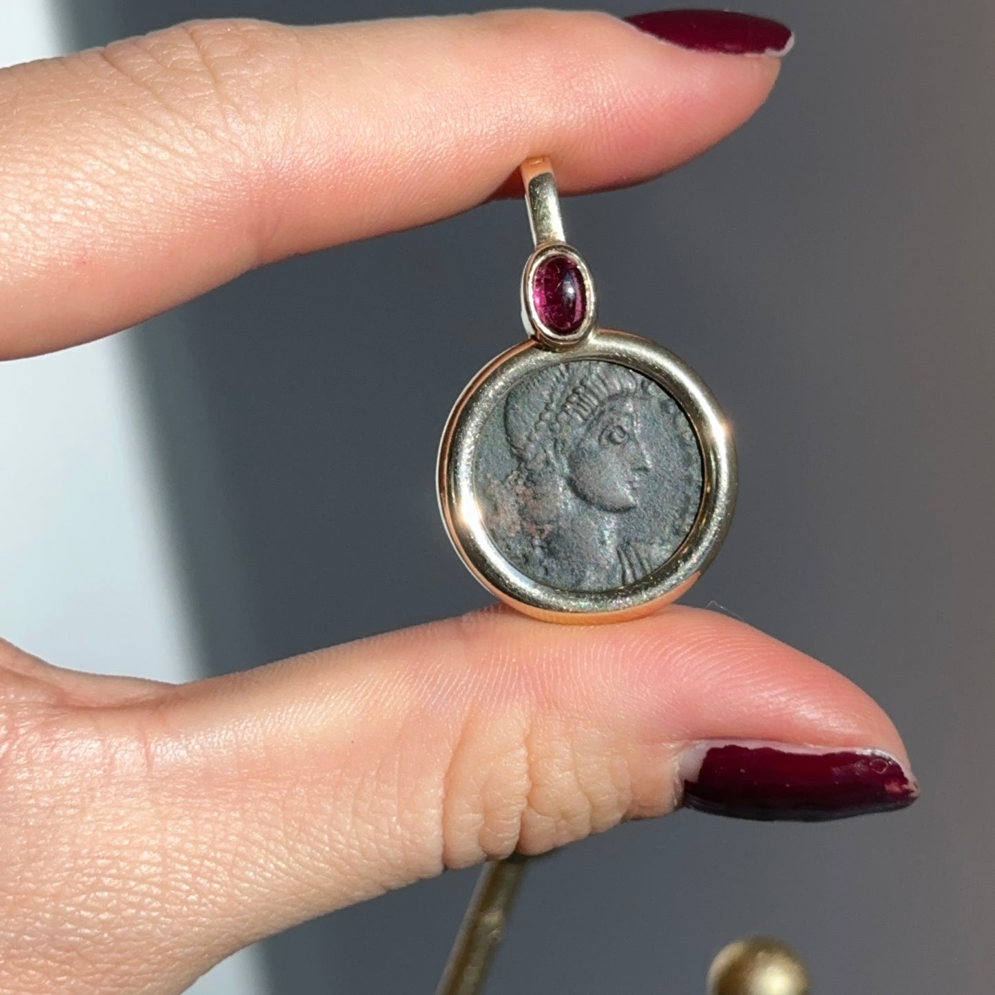 Estate 14KT Yellow Gold Roman Coin + Ruby Pendant Enhancer