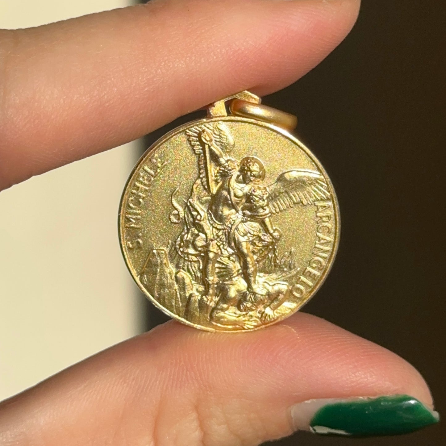 14KT Yellow Gold Matte St Michael Round Medal Pendant 25mm
