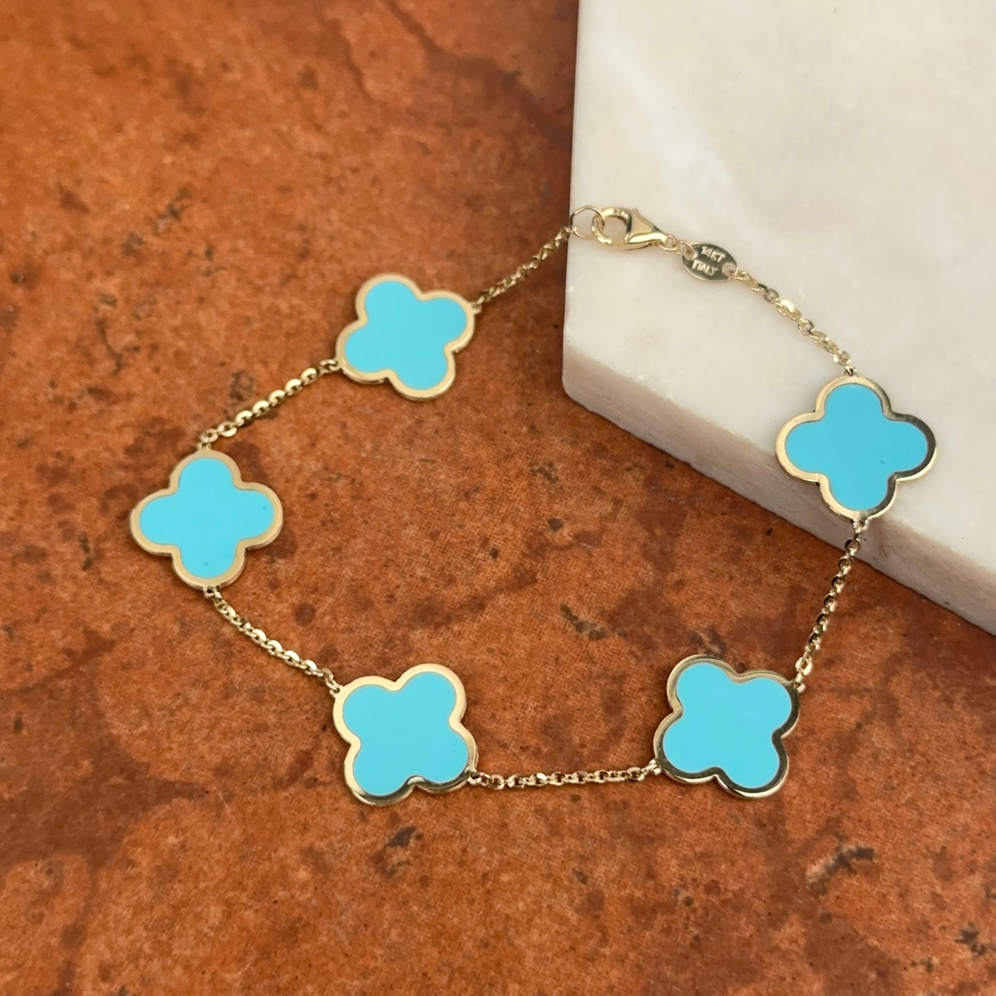 14KT Yellow Gold 14mm Turquoise Clover Station Chain Bracelet