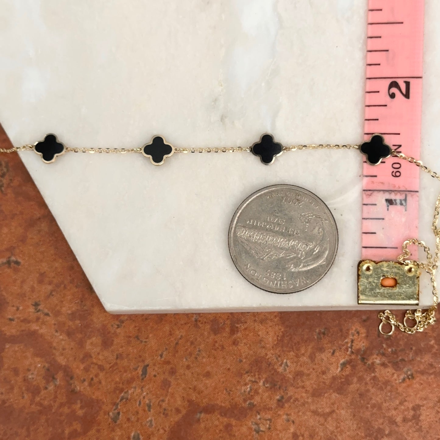 14KT Yellow Gold Black Onyx Clover Station Chain Necklace