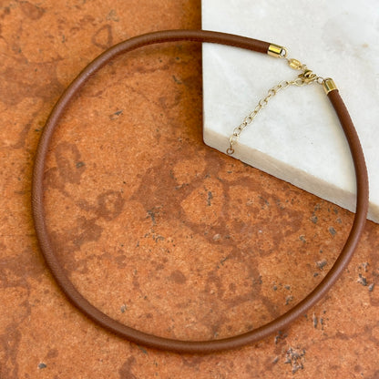 14KT Yellow Gold Brown Stitched 3mm Leather Necklace