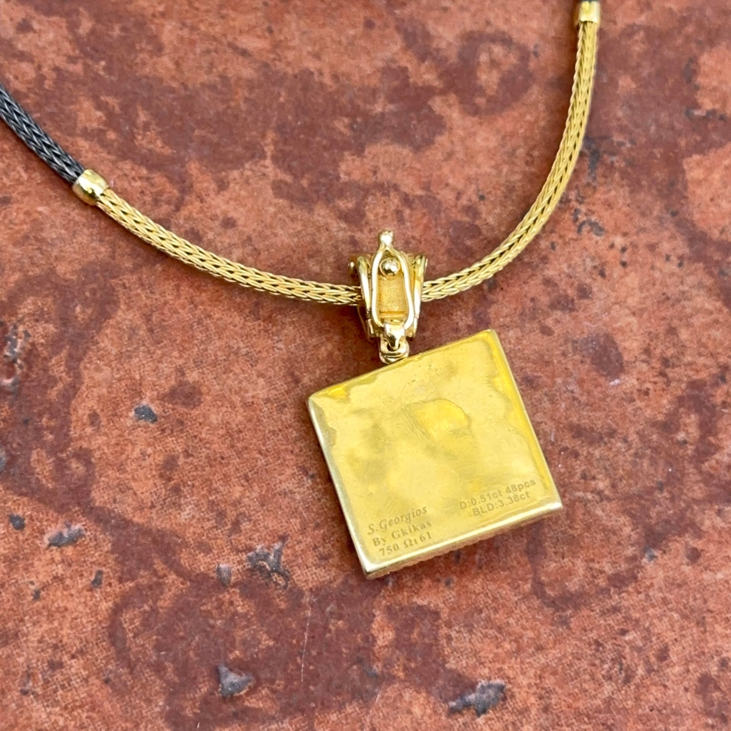 Estate 18KT Yellow + Black Gold Diamond Square Pendant Necklace