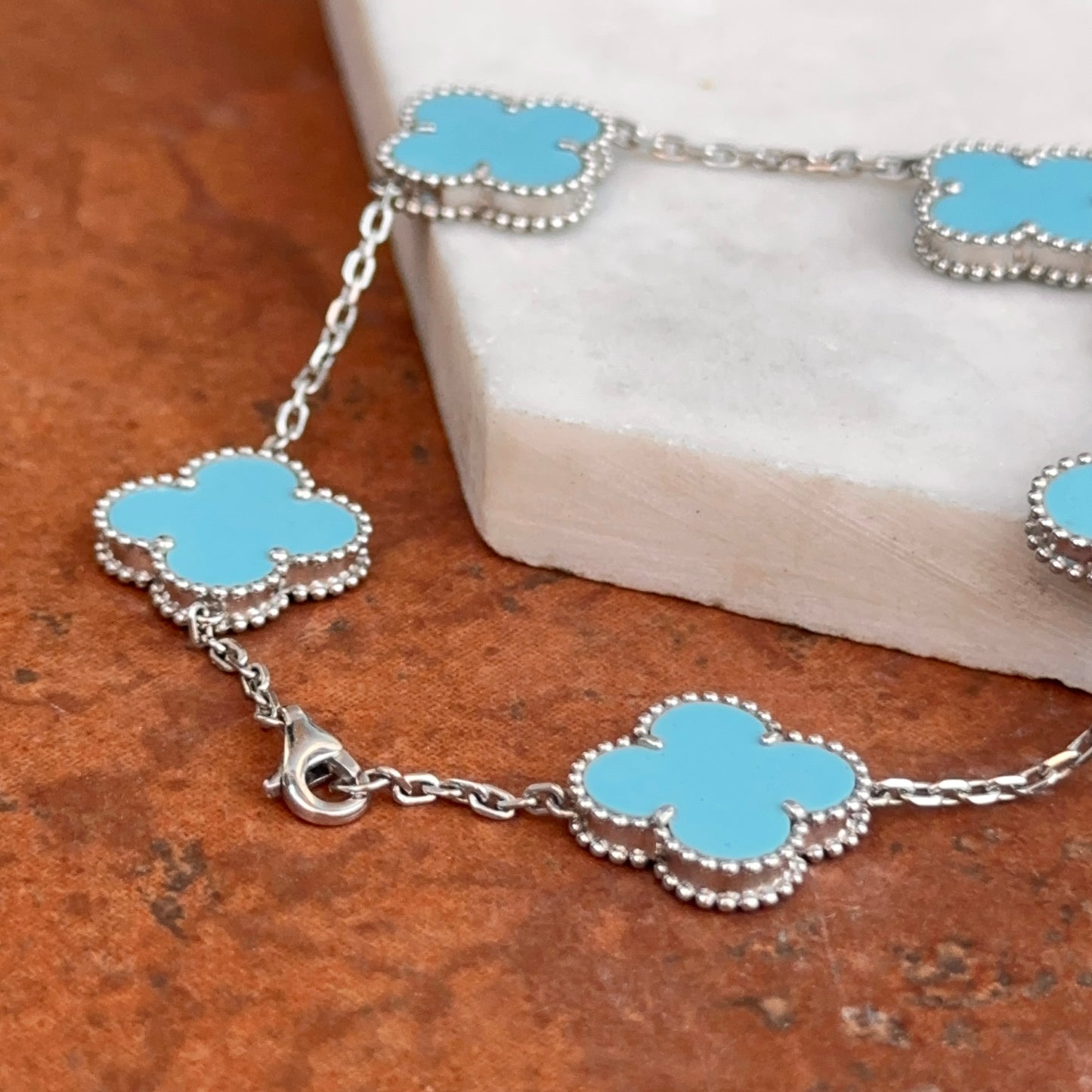 14KT White Gold Turquoise Ribbed Clover Bracelet