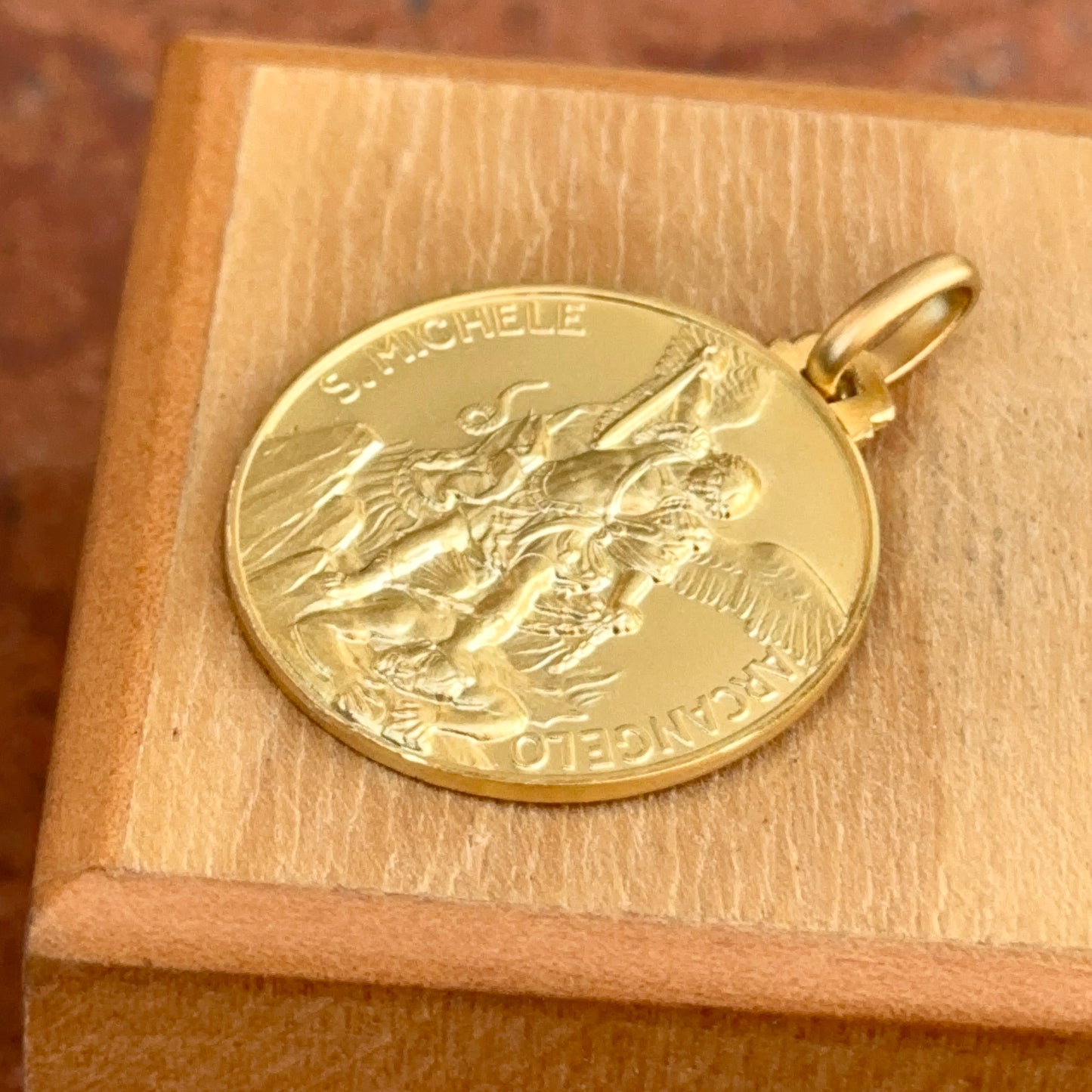 14KT Yellow Gold Matte St Michael Round Medal Pendant 25mm