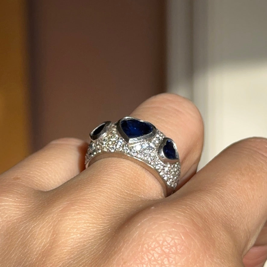 Estate 18KT White Gold Heart Blue Sapphire + Pave Diamond Ring